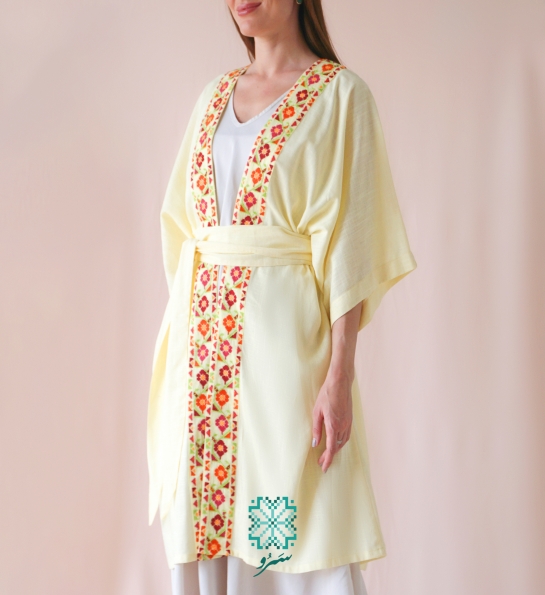 Roses bisht in yellow Linen fabric