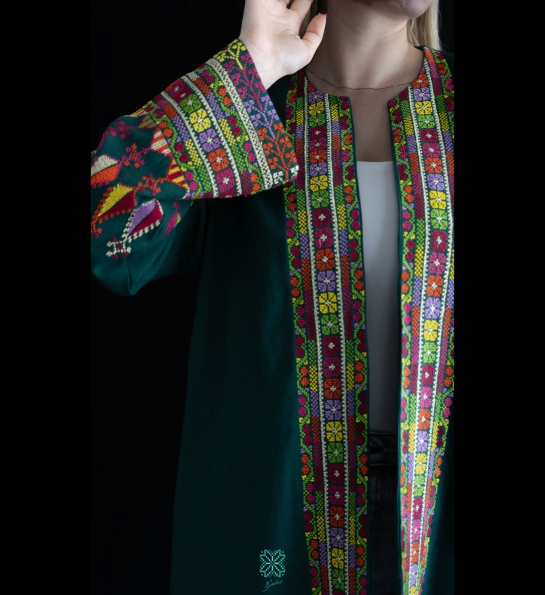 Green Linen jacket with handmade traditional embroidery